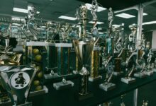 Collection of trophies displayed on shelves.