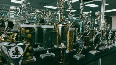 Collection of trophies displayed on shelves.
